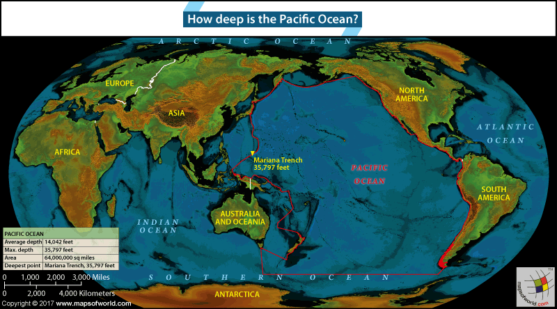 World Map highlighting Pacific Ocean and its deepest point