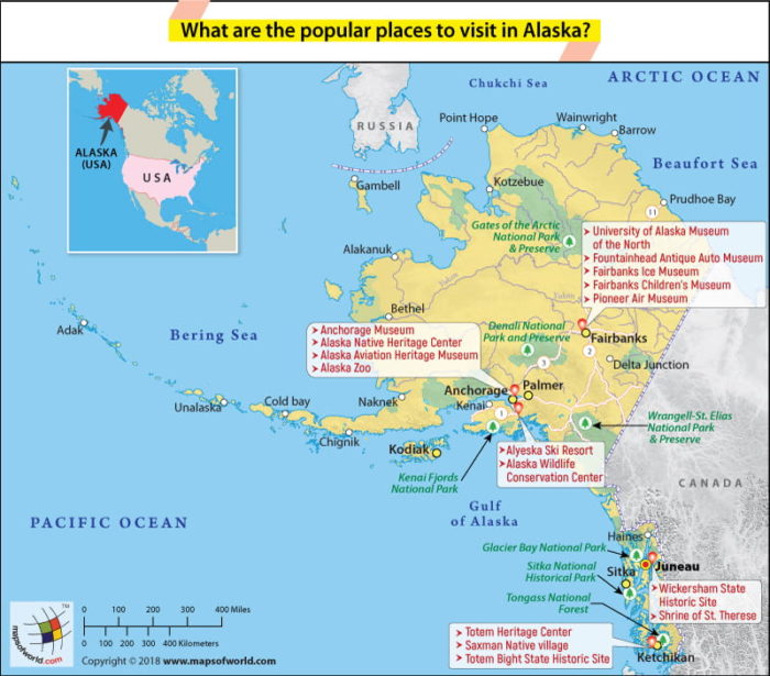 Alaska Map showing the most popular places to visit