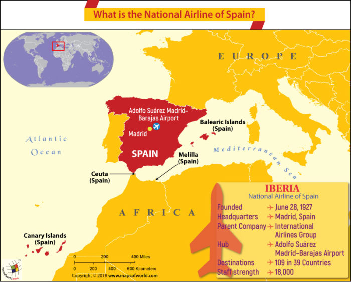 Spain Map highlighting the headquarters of Iberia Airways