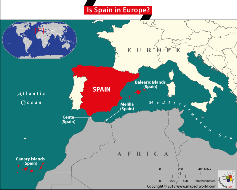 Map highlights location of Spain in Europe with its boundary touching Africa