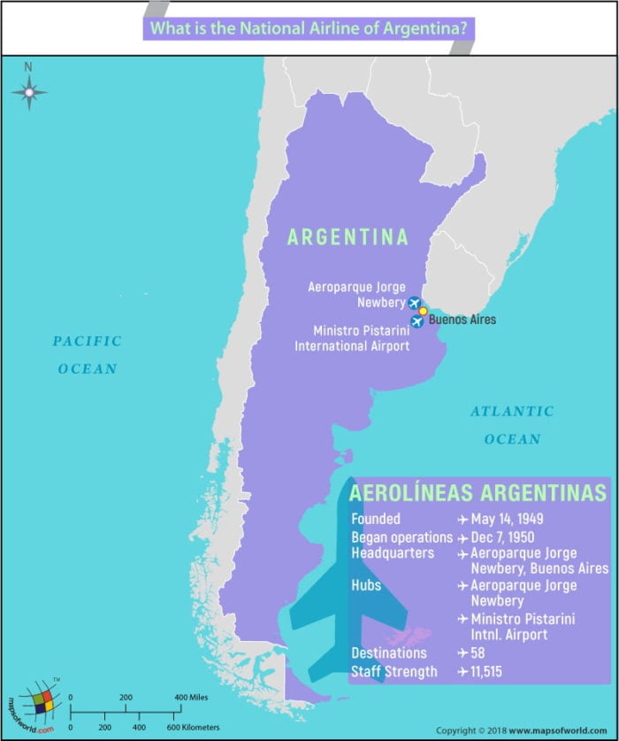 Map of Argentina highlighting the headquarter location and other info of national airline of the country