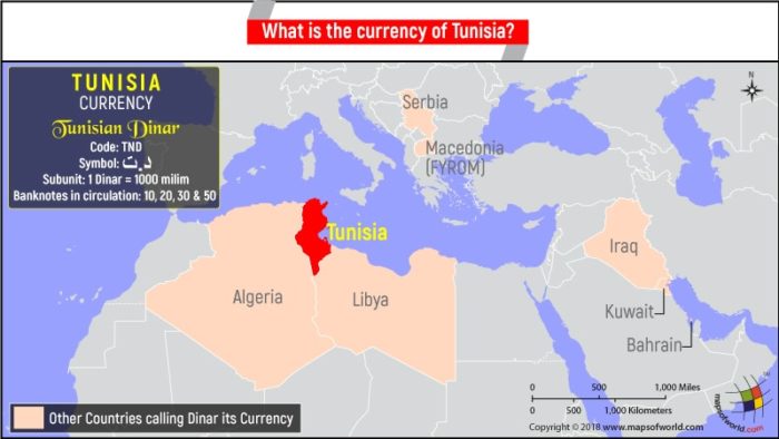 Map highlighting Tunisia providing information about its currency