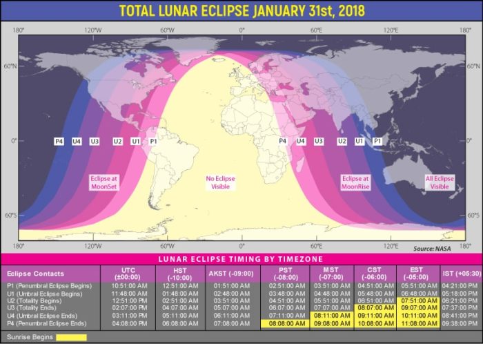 Map of the world highlighting the places from where the Jan 2018 lunar eclipse will be visible