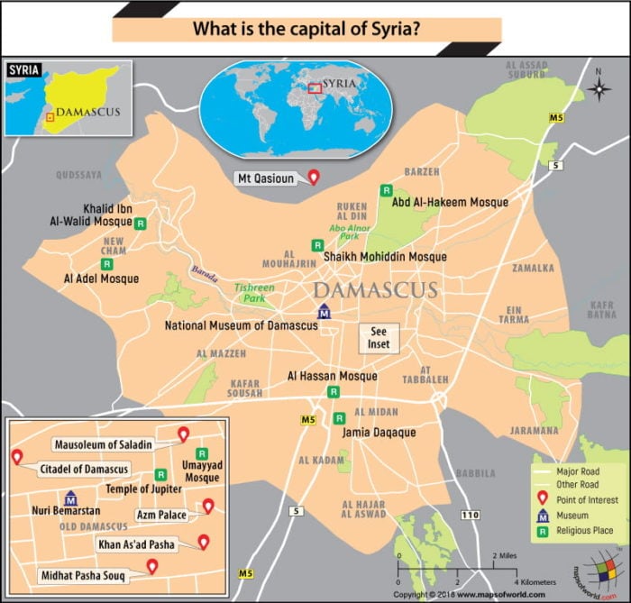 Map of Damascus city, the capital of Syria