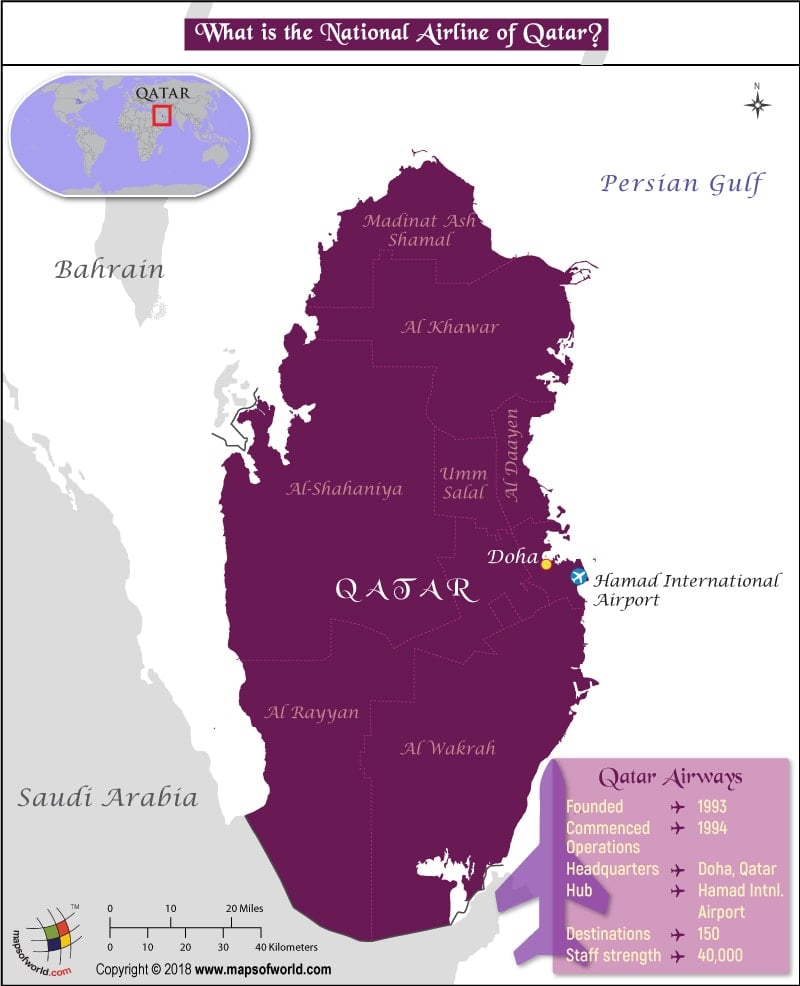 Qatar Map highlighting the headquarters of Qatar Airways