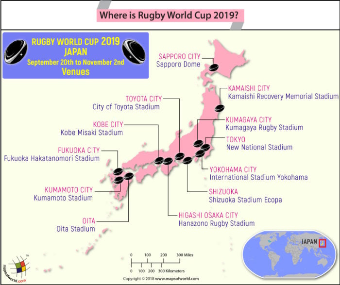 Japan Map Highlighting the Venues of Rugby World Cup 2019