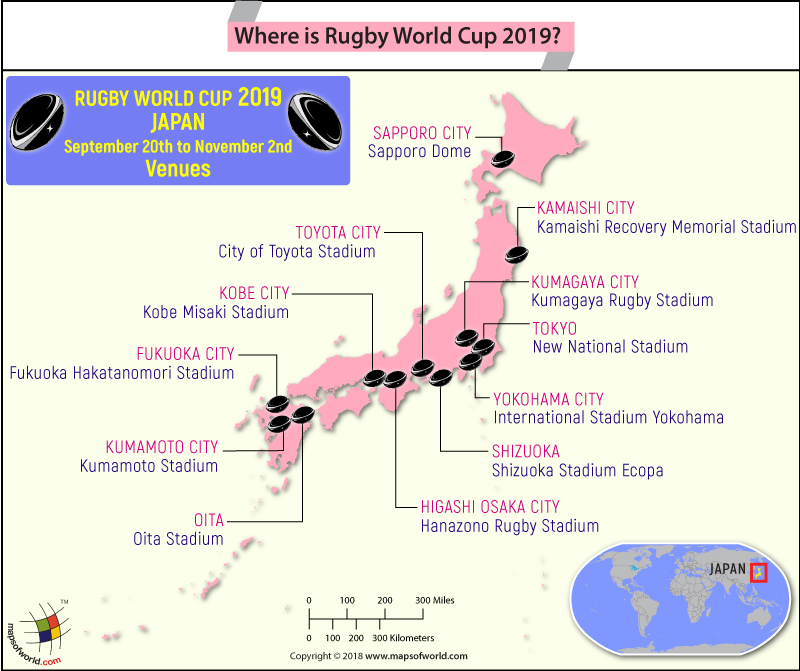 Japan Map Highlighting the Venues of Rugby World Cup 2019