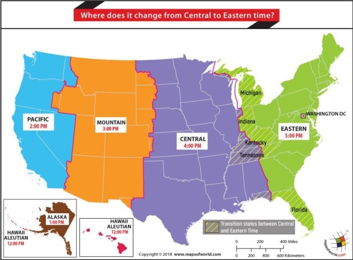 US Time Zone Map highlighting states where it changes from Central to Eastern Time Zone