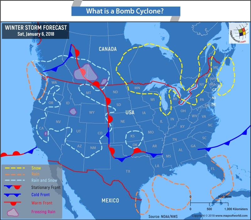 US map highlighting areas affected by Bomb Cyclone