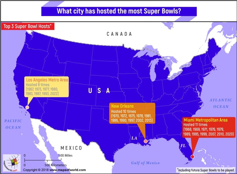 Map of USA highlighting the Cities/Metropolitan areas which have hosted the most Super Bowls