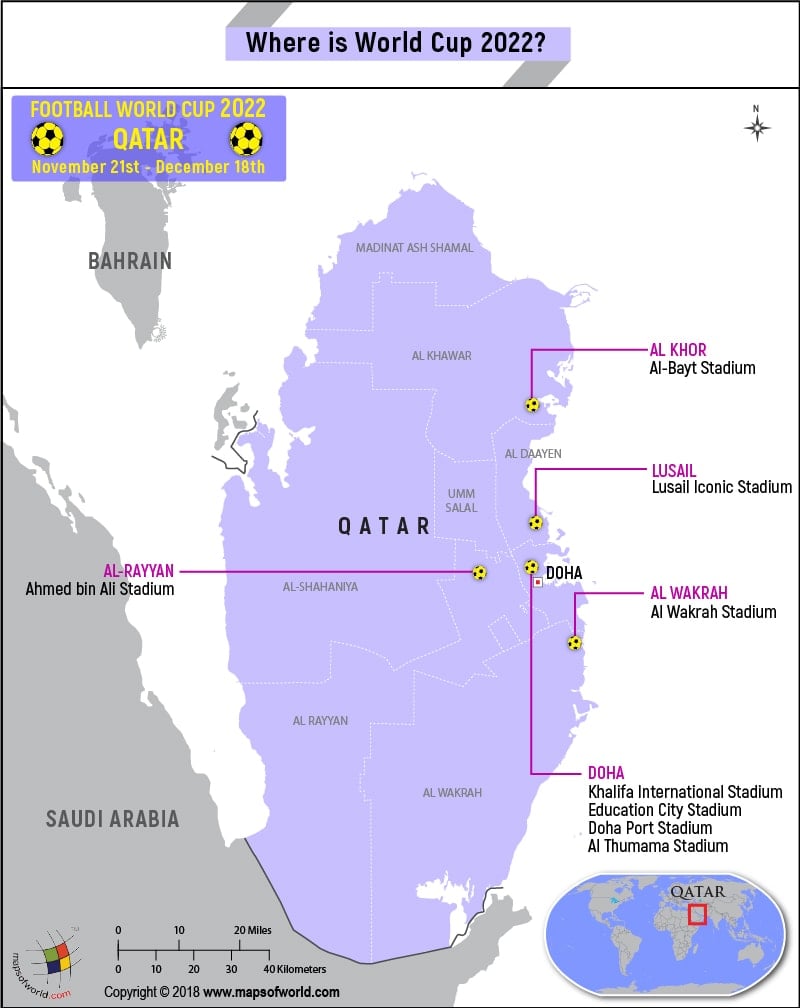 Qatar Map highlighting the venues of World Cup 2022