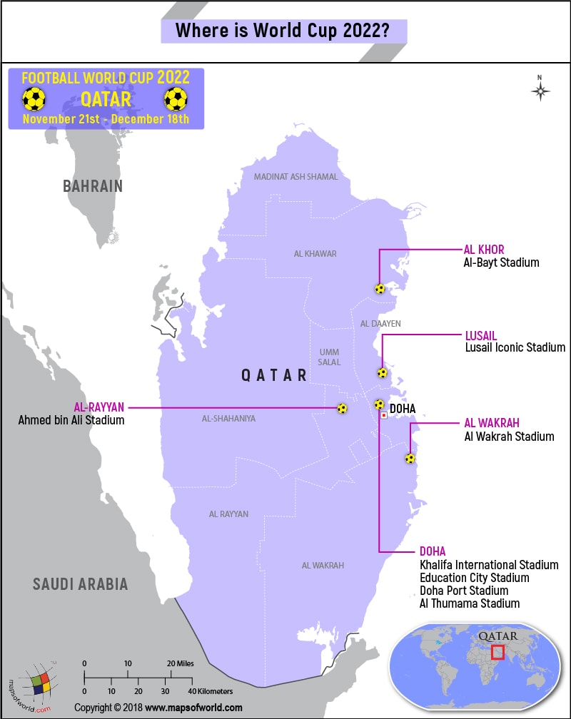 Qatar Map highlighting the venues of World Cup 2022