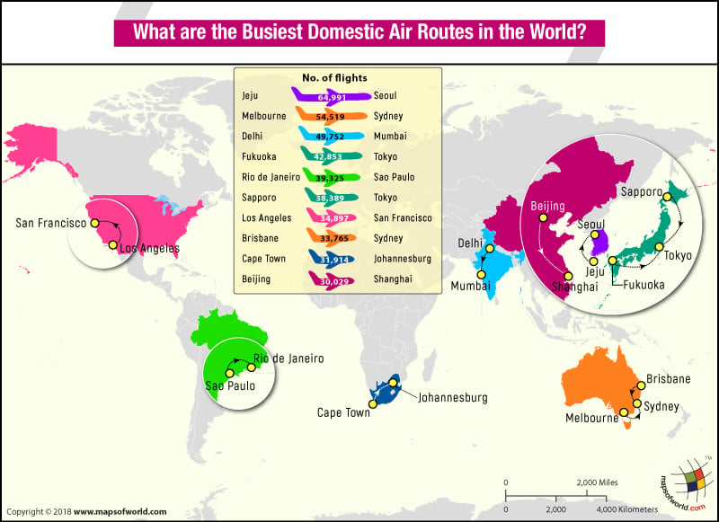 World Map highlighting the top 10 busiest domestic air routes in the World