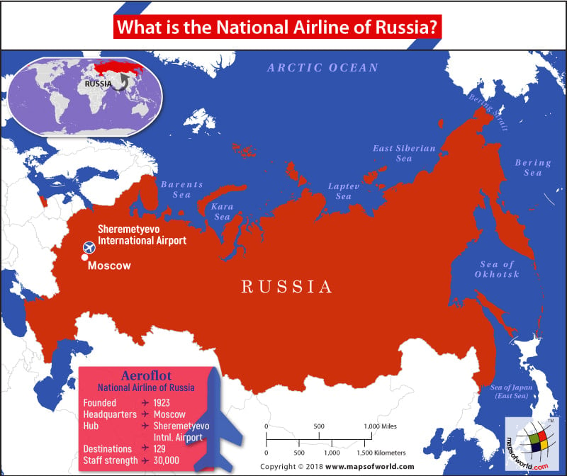 Map of Russia highlighting headquarters of Aeroflot and ridership statistics