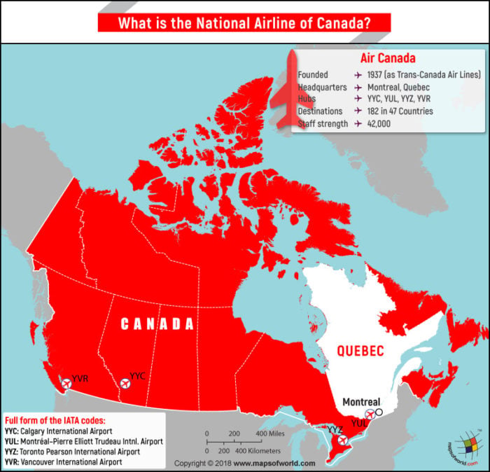 Map of Canada highlighting the location of Air Canada headquarters and data statistics