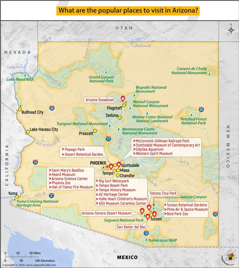 Map of Arizona highlighting Popular places to visit