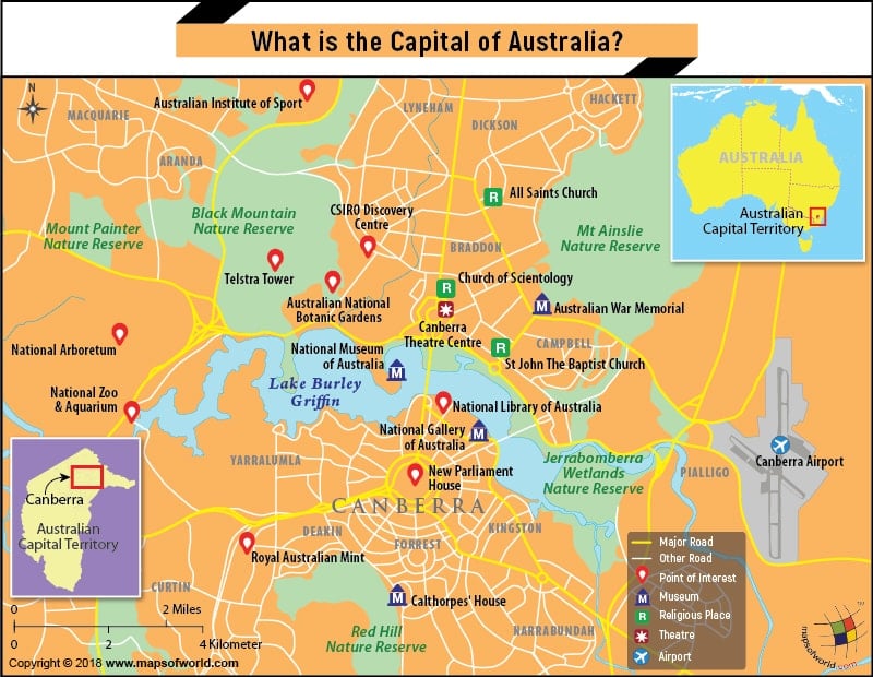 Map of Canberra city, the capital of Australia