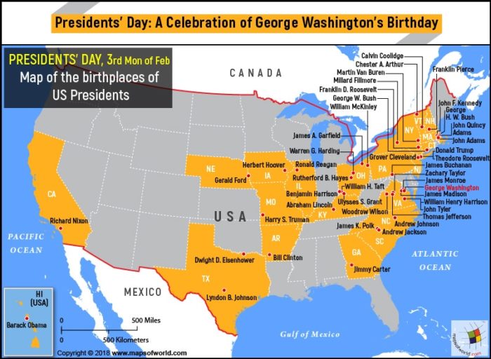 US Map – the birthplaces of US Presidents