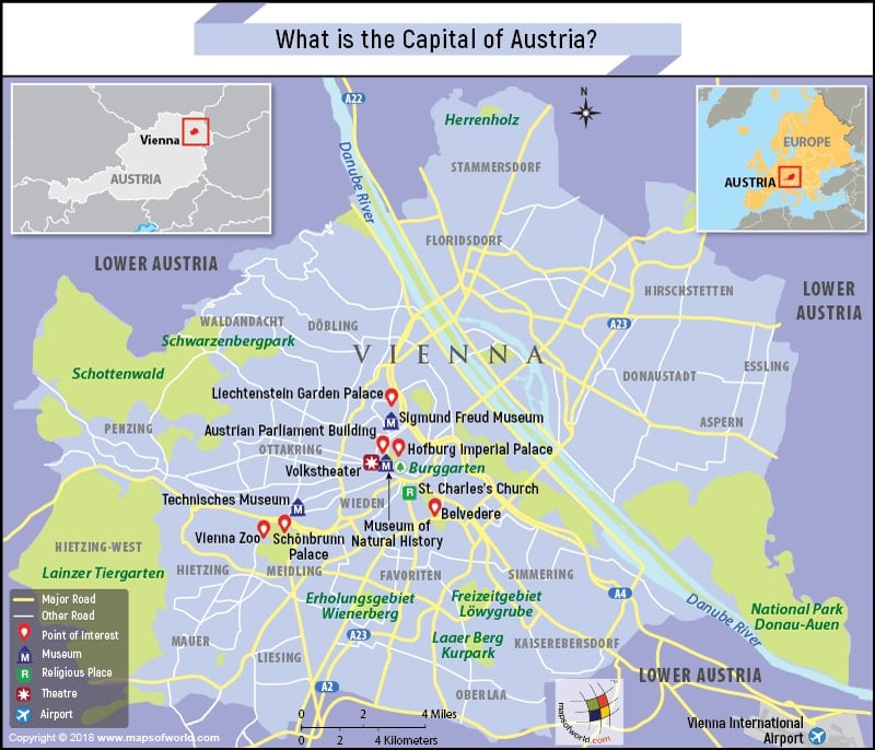 Map of Vienna city, the capital of Austria