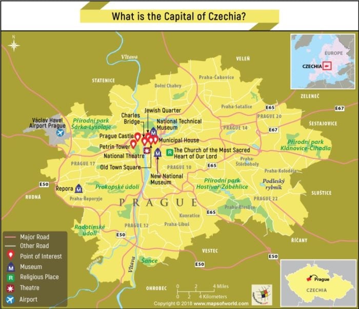 Map of Prague city, the capital of Czechia
