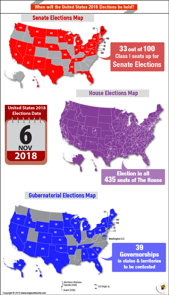 Map of USA highlighting states where election in 2018 will be held