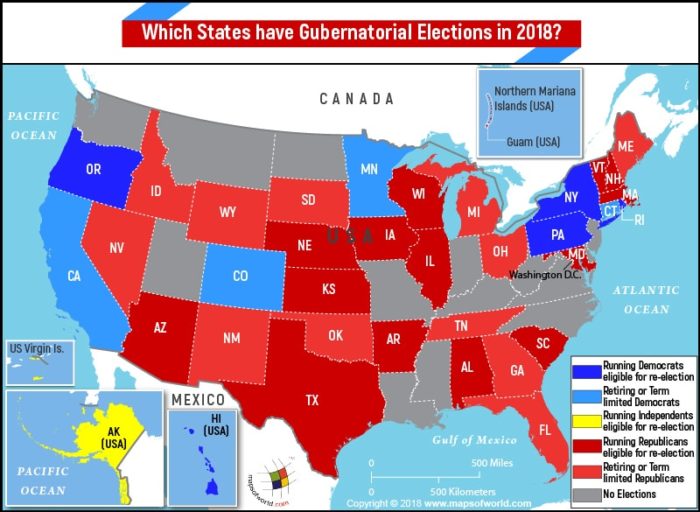 US Map highlighting states having gubernatorial elections in 2018