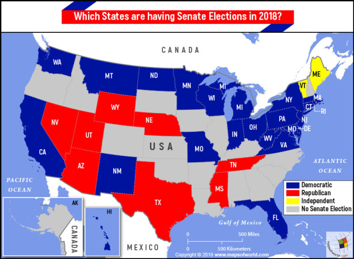 Map of USA highlighting states going to Senate elections in 2018