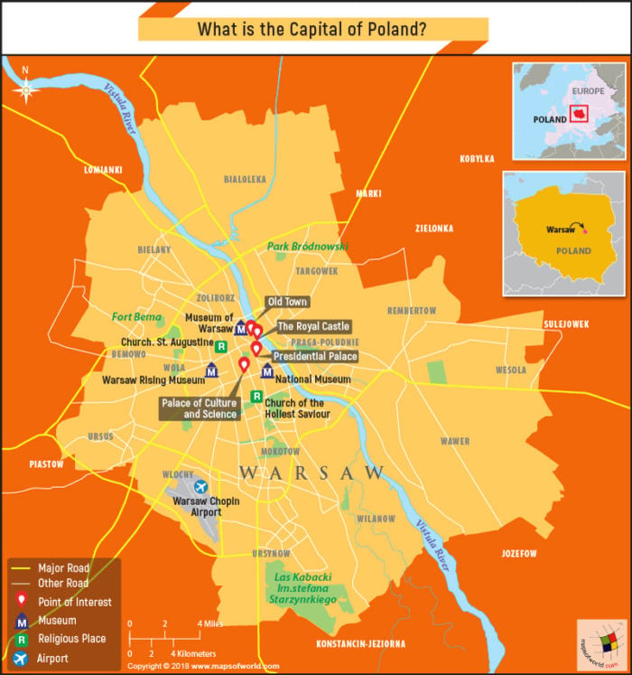 Map of Warsaw, the capital city of Poland