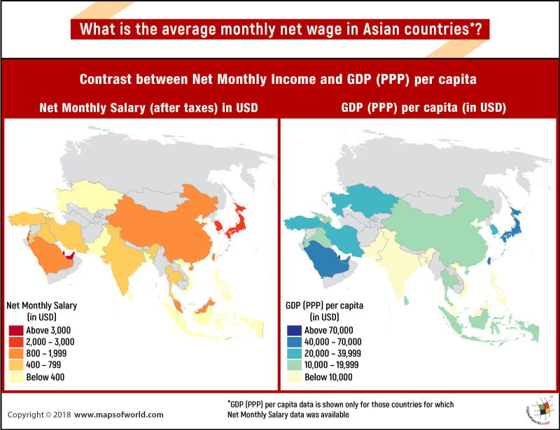 Asia map - Net Average monthly Wage and GDP (PPP) of Asian Countries