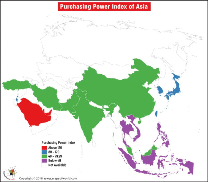 Map of Purchasing Power Index of Asia