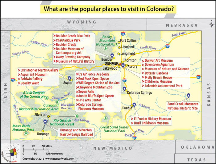Map of Colorado showing popular places to visit in the state
