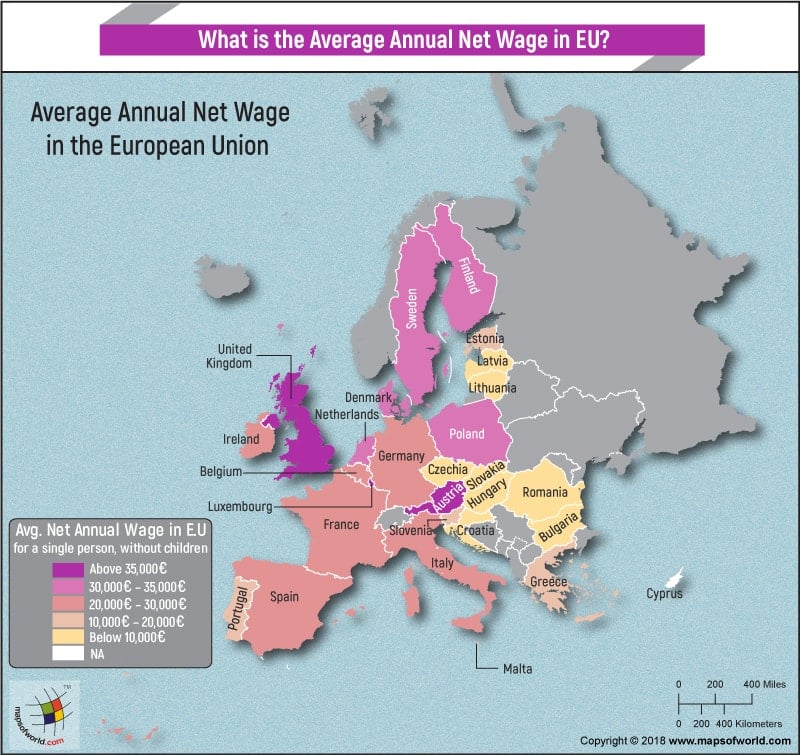 European Union Map - Average Annual Net Wage