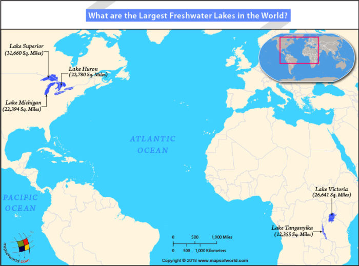 Map of North America and Africa highlighting Largest Freshwater Lakes