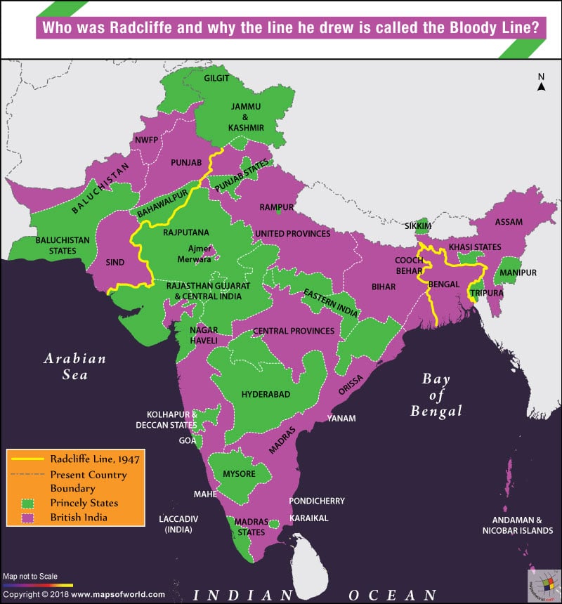 Map showing Radcliffe line separating Pakistan and Bangladesh from India