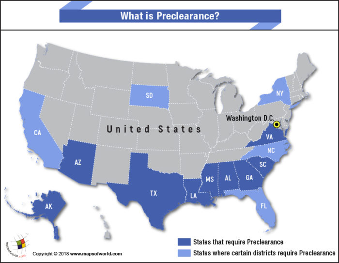 US Map highlighting States that require Preclearance