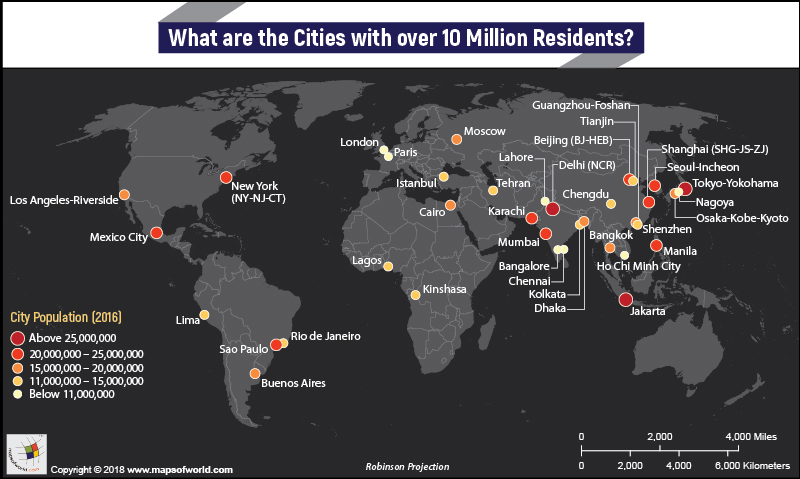 World Map highlighting Cities having more than 10 million population 