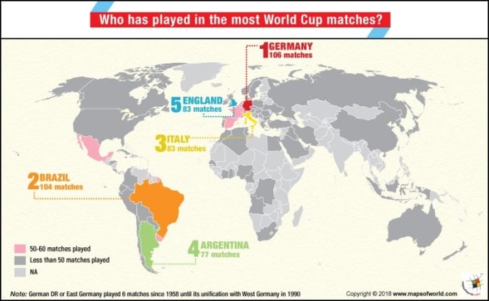 World Map highlighting countries that have played most matches in Football World Cup