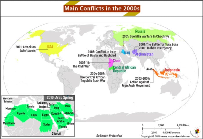 Map showing Countries that were involved in Conflicts during the 2000s