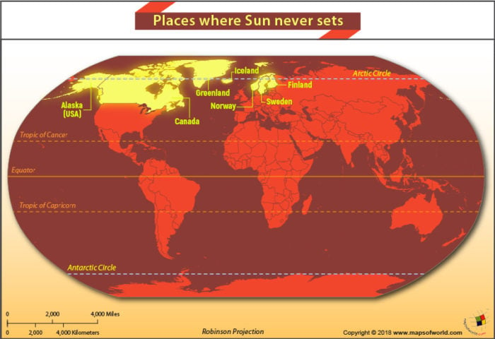 World Map highlighting places where the Sun never sets during the time it reaches its highest point