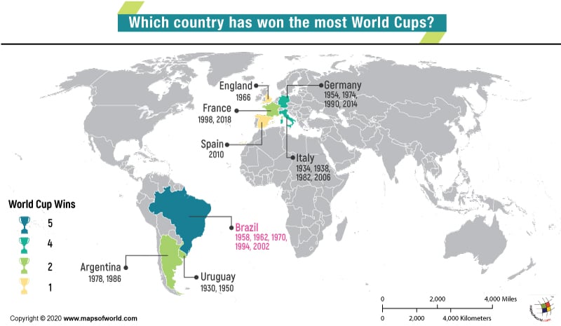 World Map Showing FIFA World Cup Winning Countries