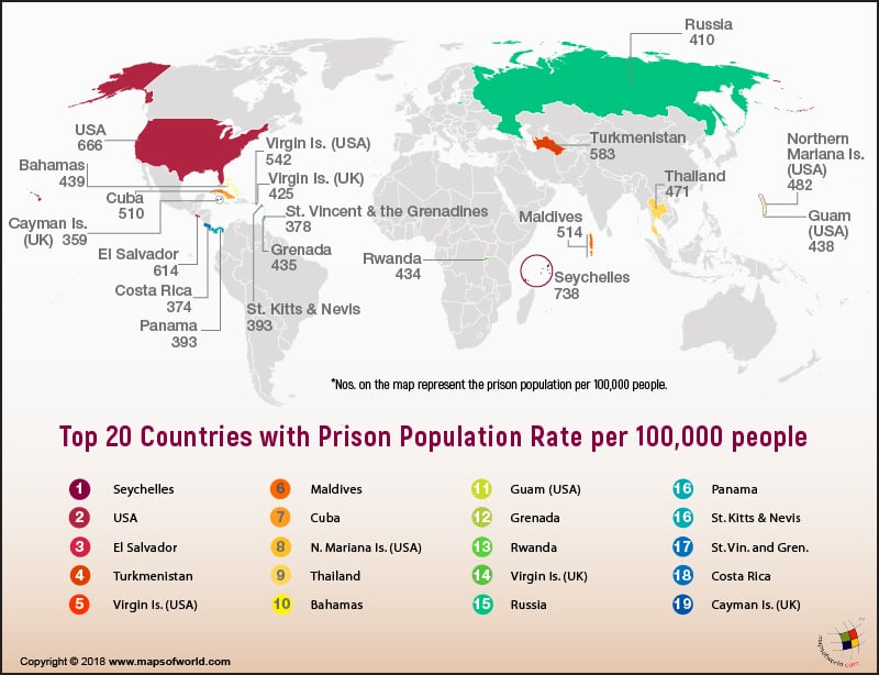 World Map showing countries with prison population per 100,000 people