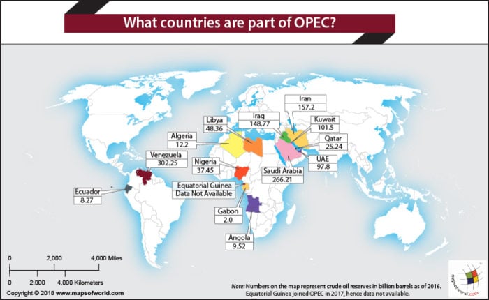 World Map highlighting OPEC member countries