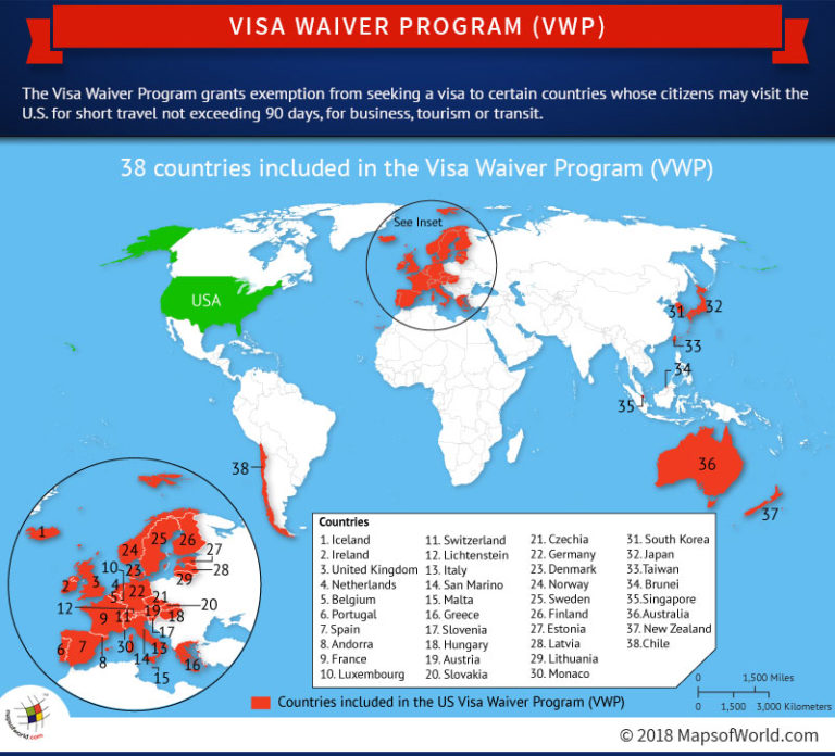 World map highlighting countries included in the Visa Waiver Program