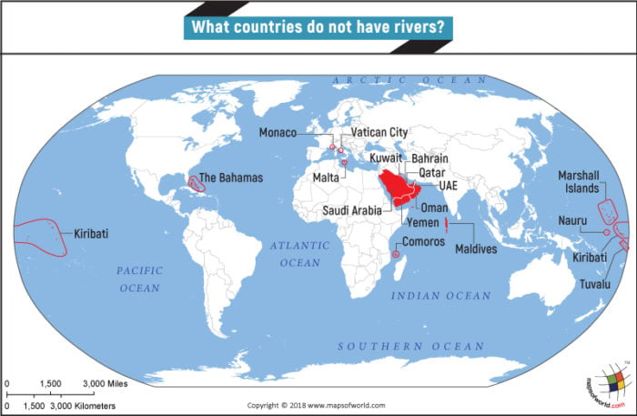 World Map highlighting countries that have no river