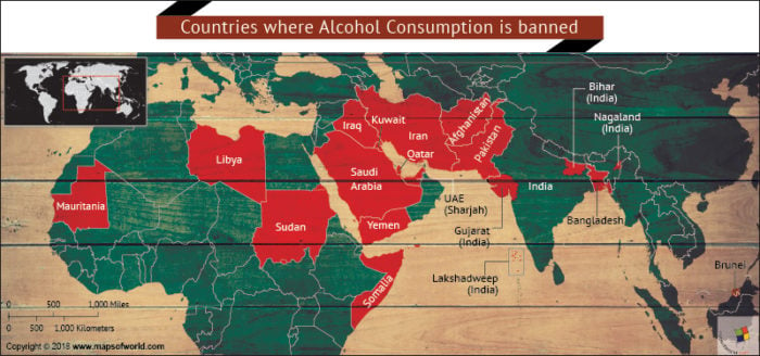 Map showing Countries where alcohol is illegal