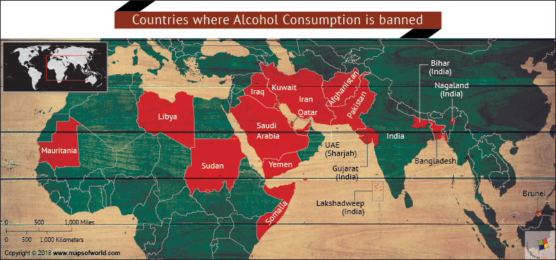 Map showing countries where alcohol is banned