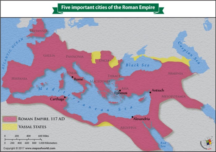 Map of Roman Empire highlighting five most important cities