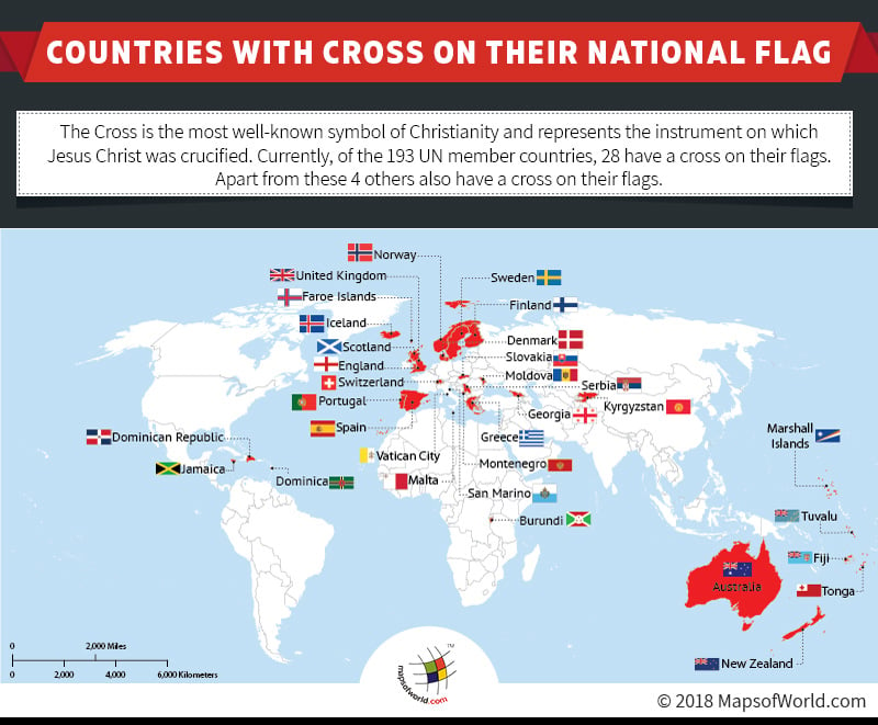World Map showing countries having Cross in the Flag