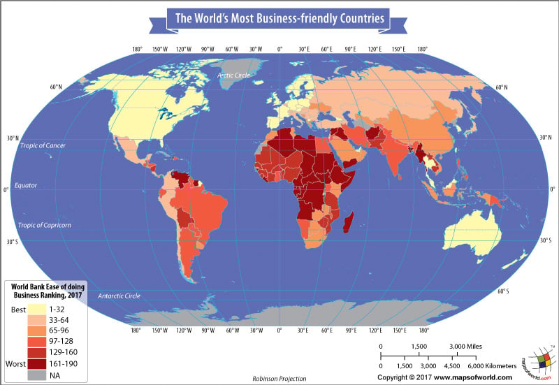World Map - country rankings by ease of doing business