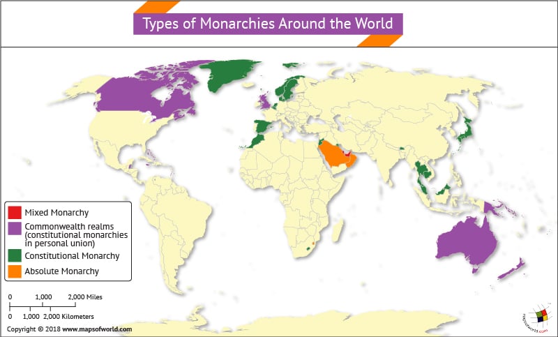 World Map highlighting types of Monarchies around the World